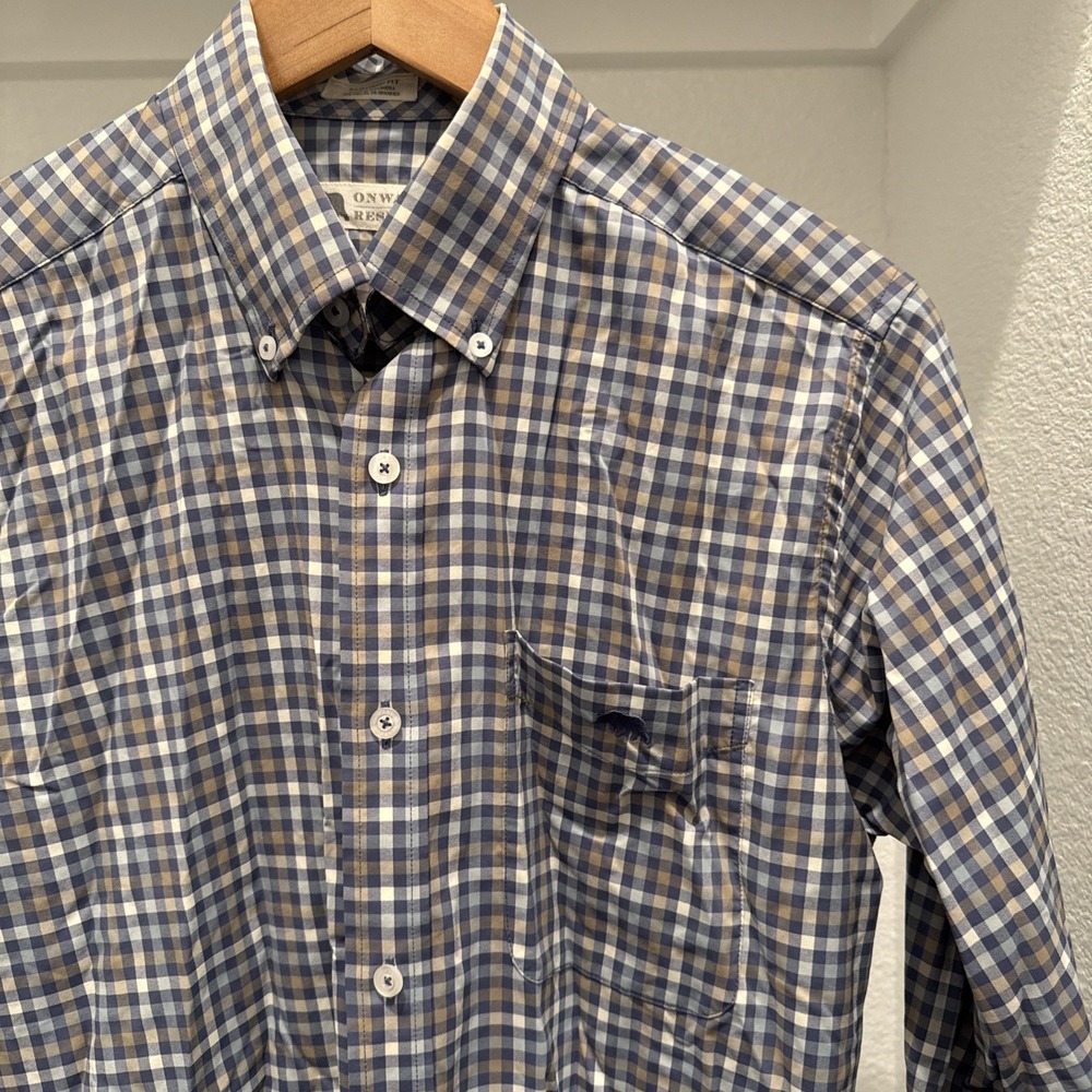 Onward Reserve Tailored Fit Performance Button Down Shirt Blue Plaid Mens S